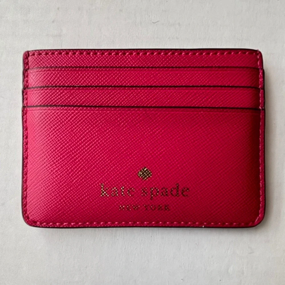Kate Spade New York Pink Saffiano Leather Slim Card Holder Wallet Gold Logo